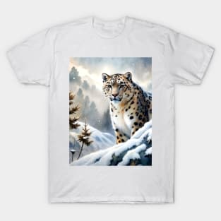 Funny A Proud Snow Leopard Went Hunting, in the Snowy forest, Hight Mountains, Snow Falling, Winter Landscape, Wildlife White Panthera, Watercolor T-Shirt